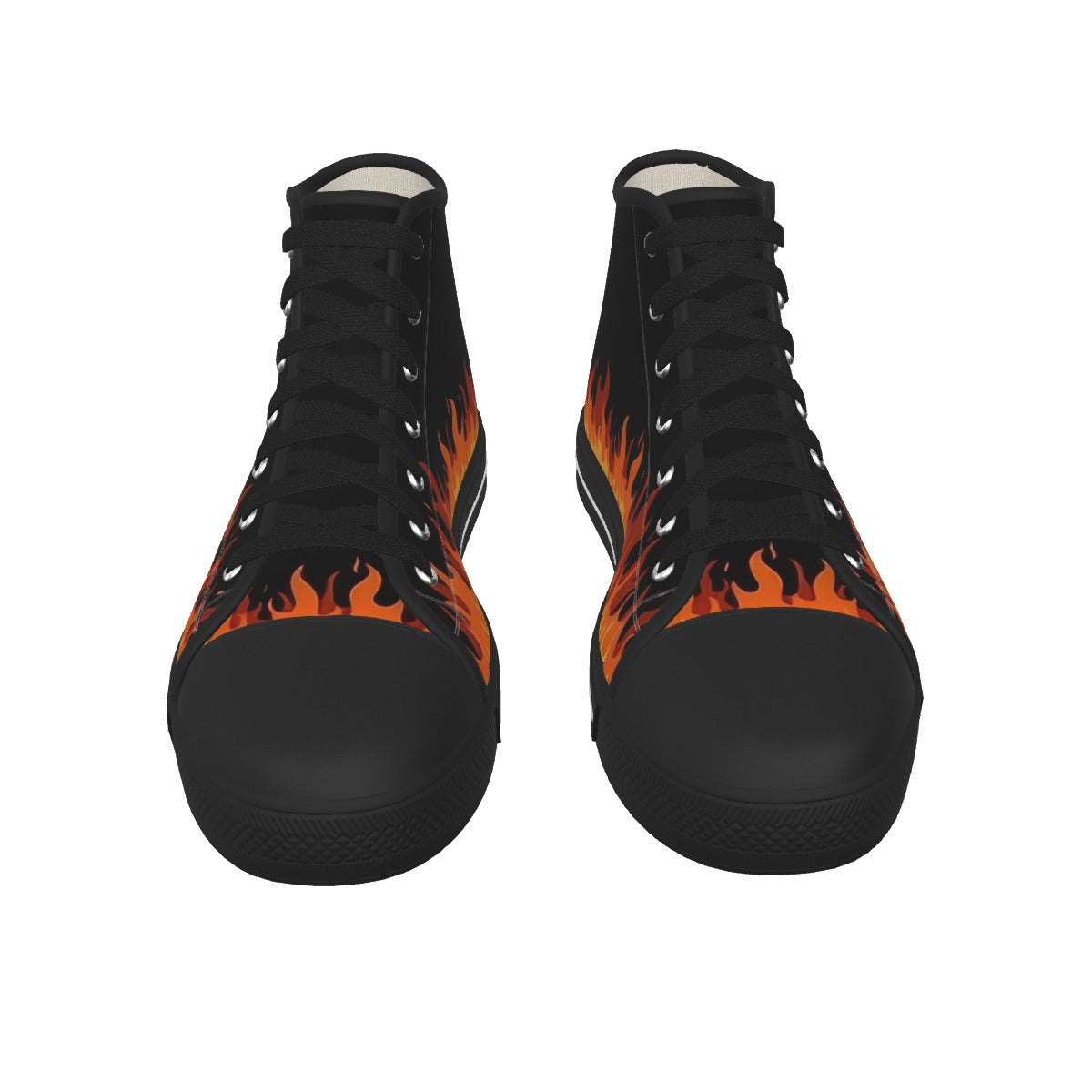 Black high-top sneakers with yellow text on a white background