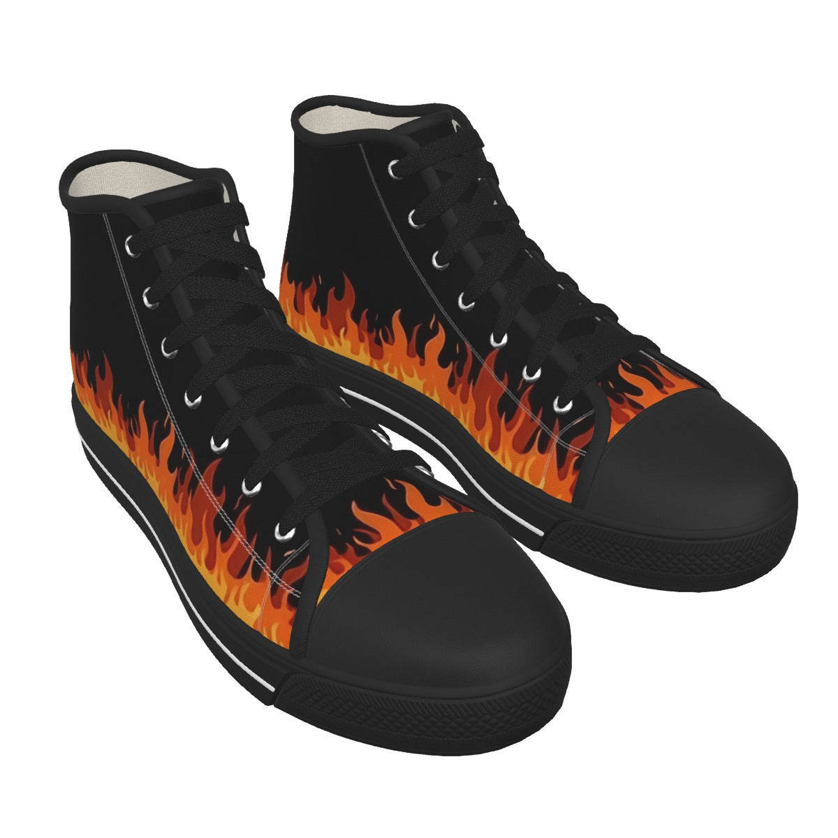 A pair of black high-top sneakers with a vibrant orange and yellow flame graphic running along the side, shown against a plain white background.