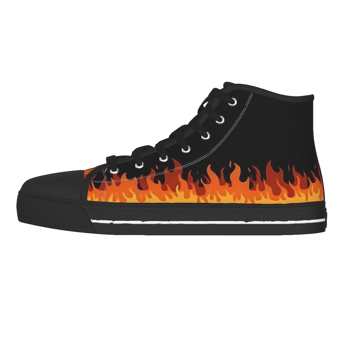 A pair of black high-top canvas sneakers featuring a vibrant orange and yellow flame graphic running along the side, set against a plain white background.