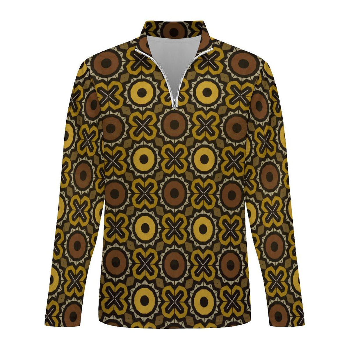 A long-sleeve quarter-zip pullover with a retro geometric pattern in brown, yellow, and black, shown on a plain white background.