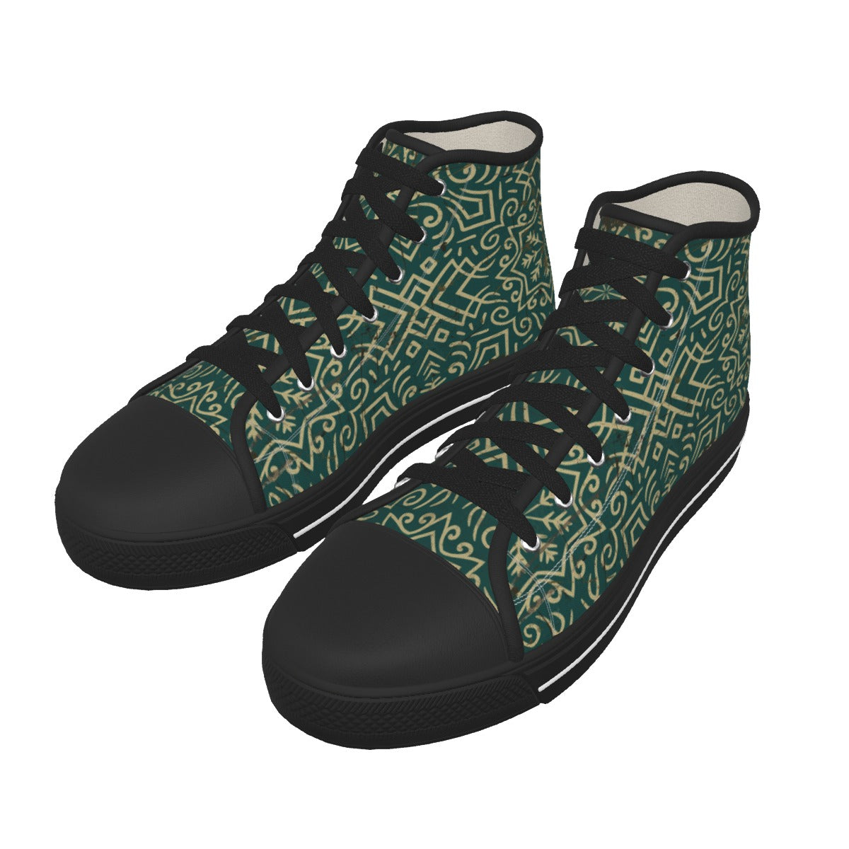 A pair of high-top canvas sneakers with a dark green and beige geometric pattern on the uppers, black laces, and black rubber toe caps and soles, shown against a plain white background.