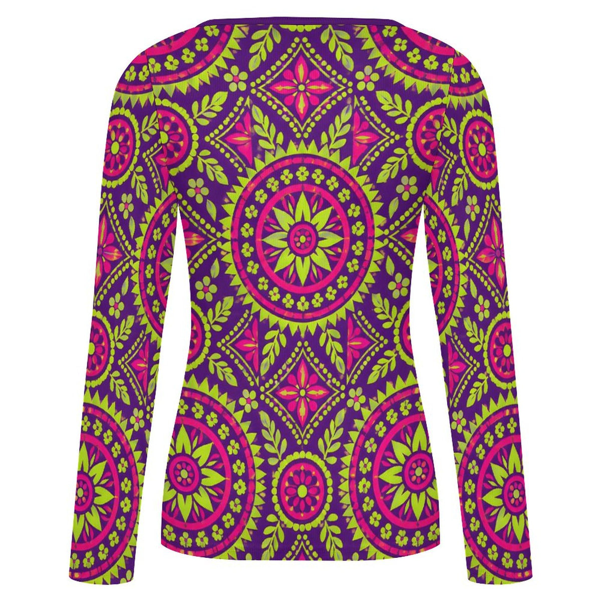 A women's long-sleeve top with a vibrant, all-over geometric mandala pattern in purple, hot pink, and lime green, shown against a plain white background.