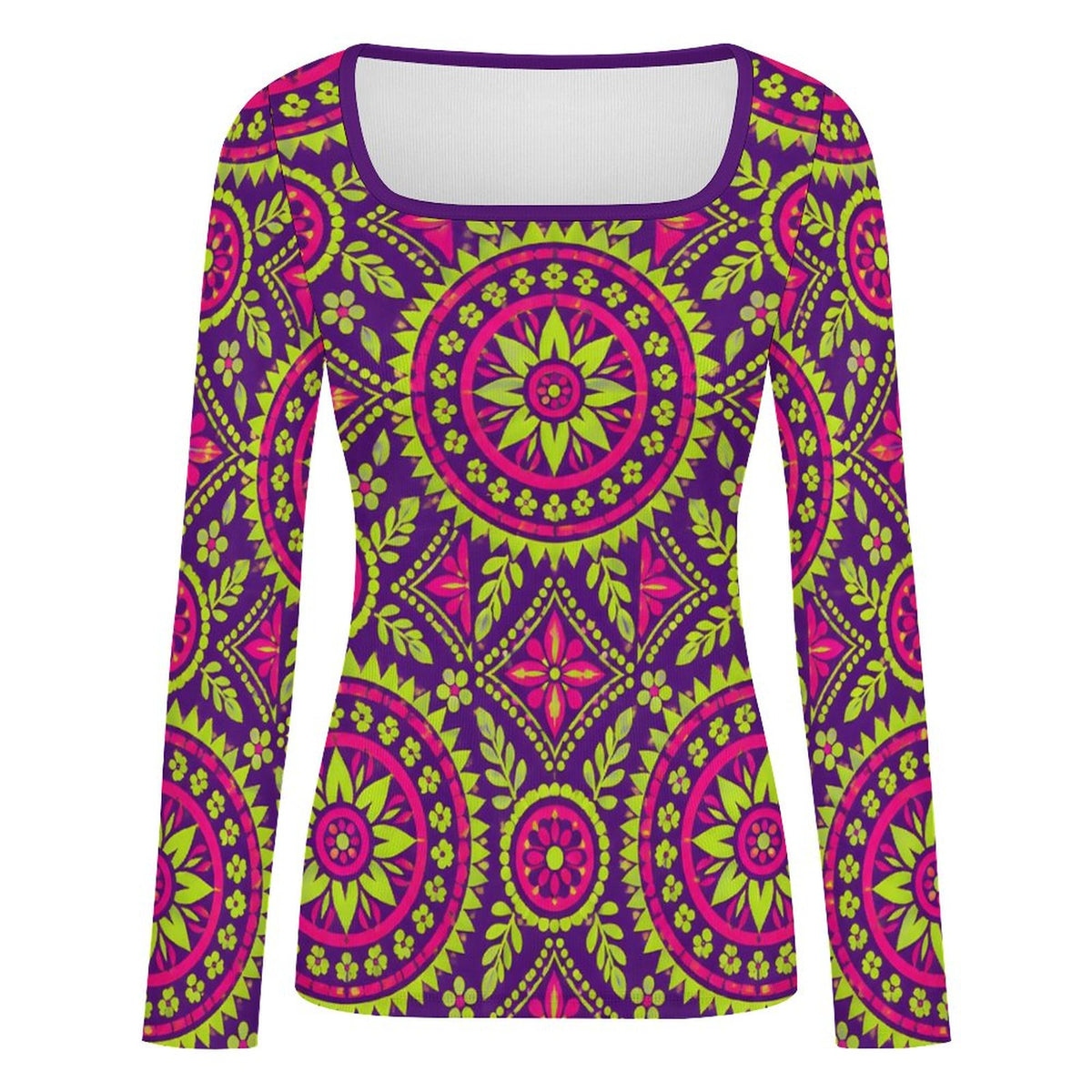 Magenta and Lime Green Mandala Pattern Women's Square Neck Long Sleeved Shirt
