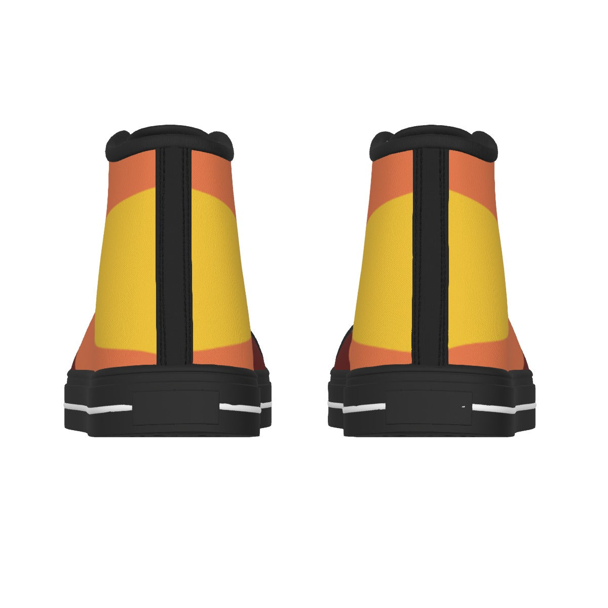 A pair of high-top sneakers shown from the back, featuring a color-blocked design in yellow, orange, and black with white reflective striping on the soles.