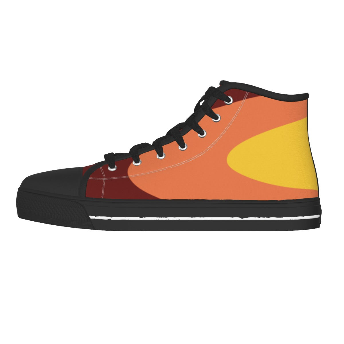 A high-top canvas sneaker shown in profile against a plain white background. The shoe features a color-blocked design with a black toe, laces, collar, and sole, while the upper displays abstract curved panels of dark red, orange, and yellow.