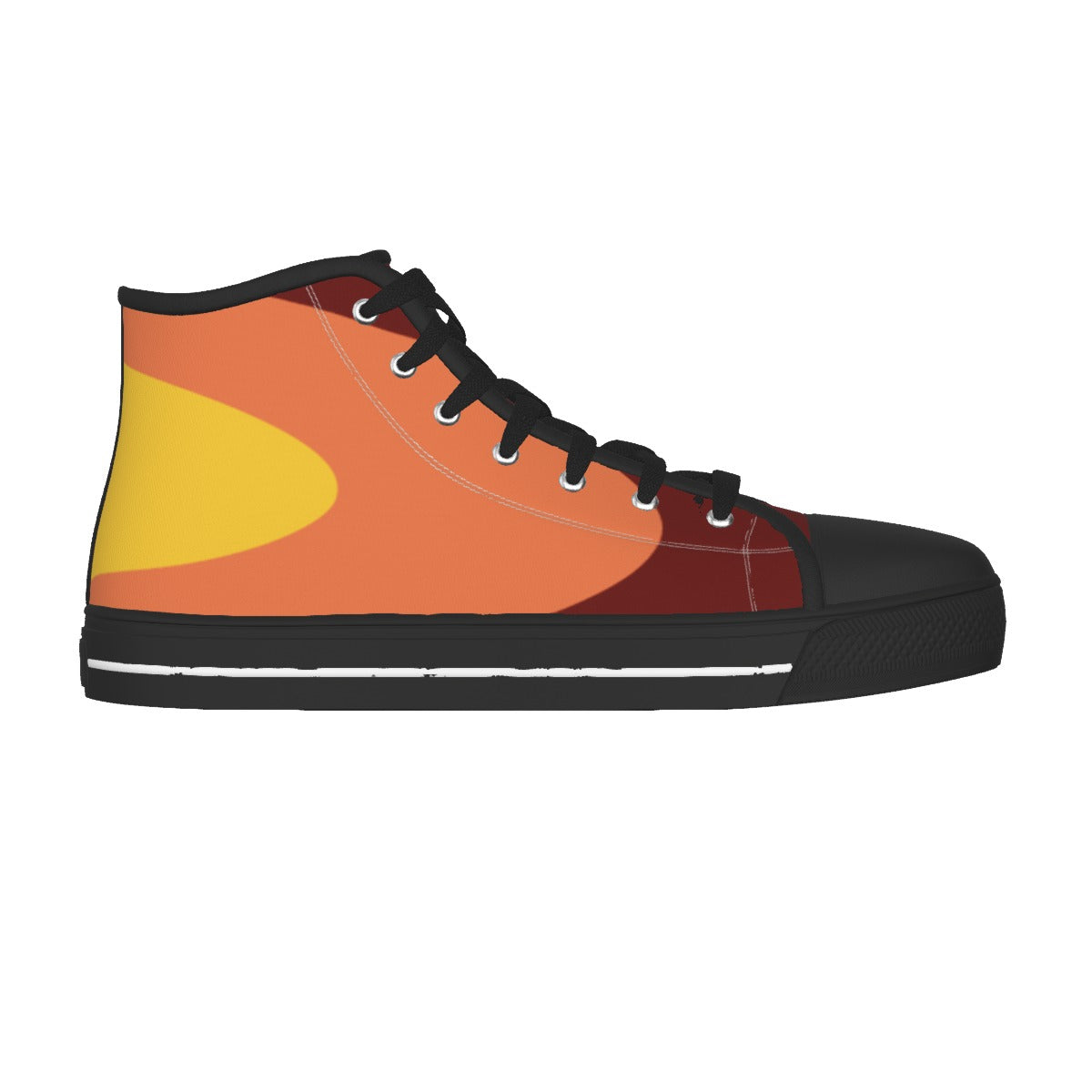 A single high-top sneaker shown in side profile on a plain white background. The upper features an abstract color-blocked design with yellow, orange, and dark red sections, finished with black laces, a black toe cap, and a black sole with a thin white stripe.