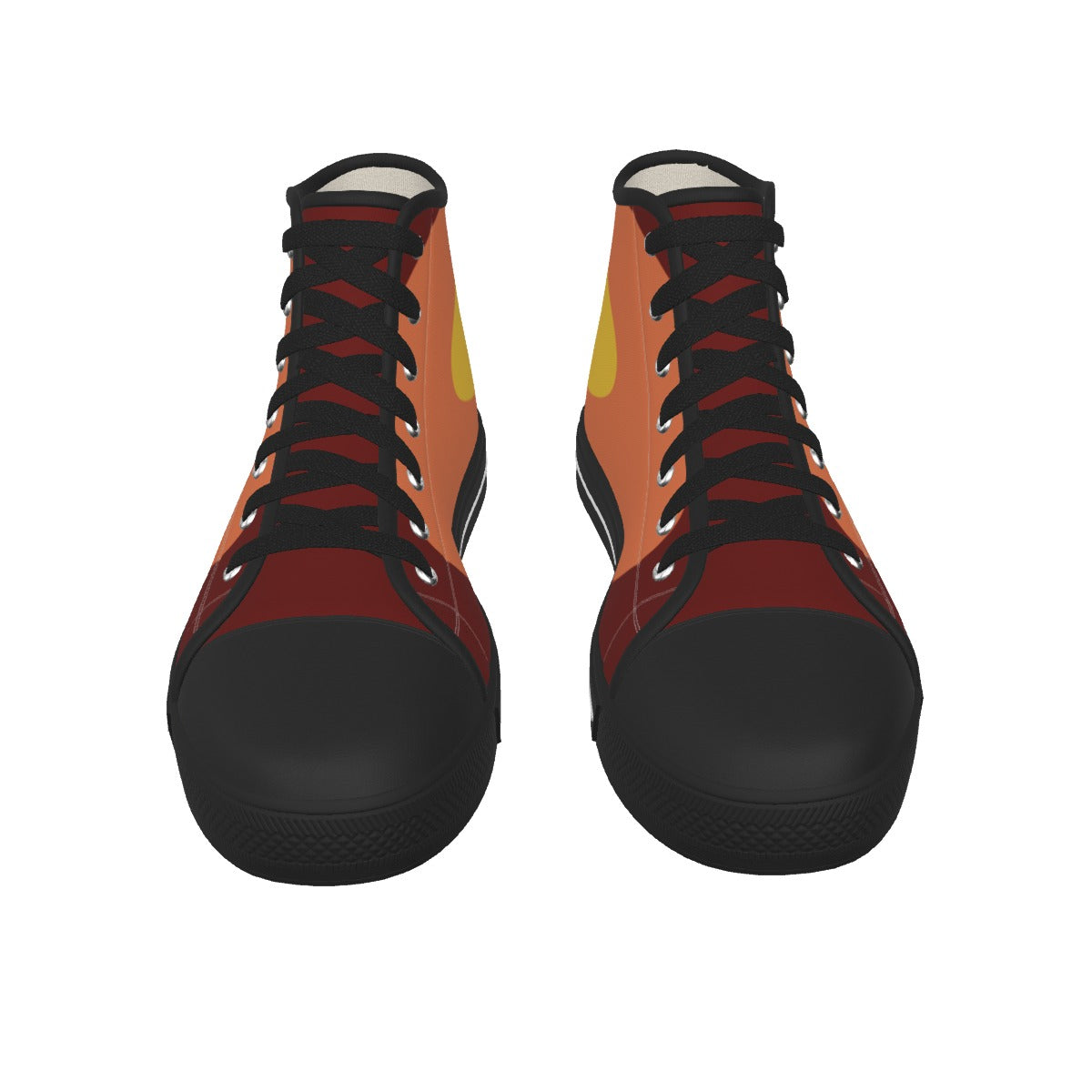A pair of high-top canvas sneakers shown from the front on a plain white background. The shoes feature a color-blocked design with a black toe cap and sole, a dark red collar, a warm orange body, and a small yellow accent near the top.