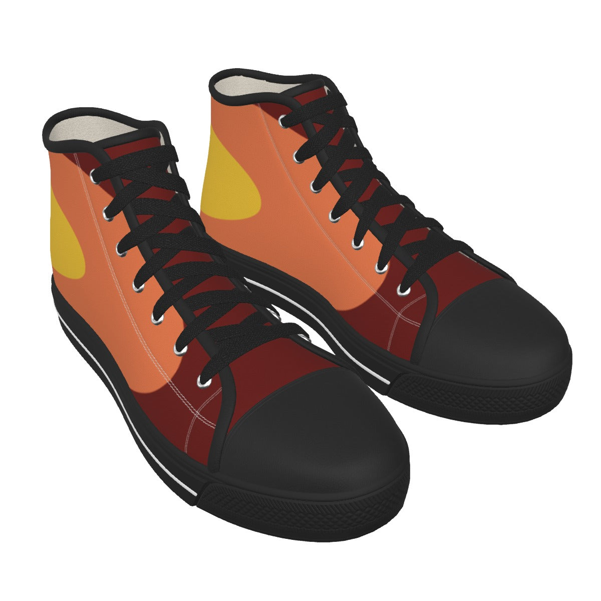 A pair of high-top canvas sneakers shown from the front on a plain white background. The shoes feature a color-blocked design with a black toe cap and sole, a dark red collar, a warm orange body, and a small yellow accent near the top.