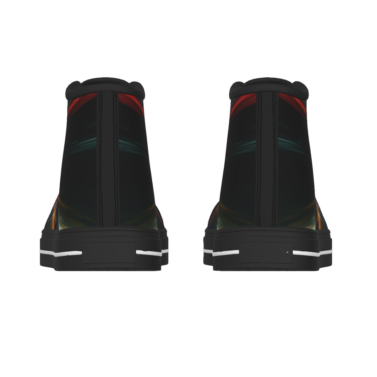 A pair of black high-top sneakers shown from the back, featuring a glossy finish with subtle red, green, and gold reflective accents and white stripe details on the soles, set against a plain white background.