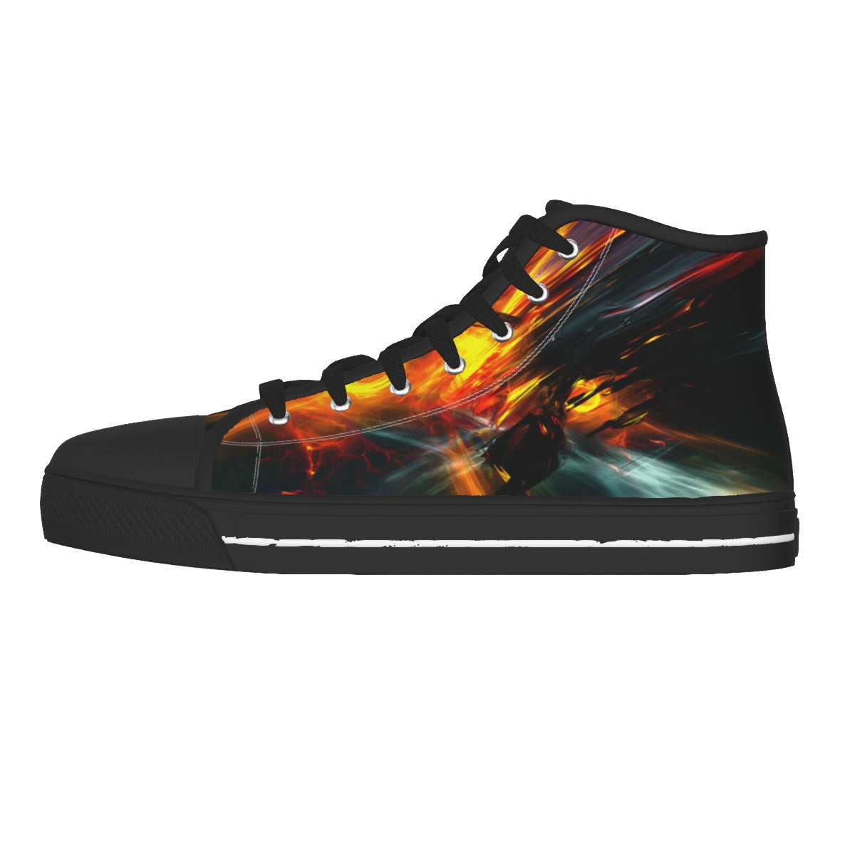 A single high-top sneaker shown in side profile on a plain white background. The shoe has a black base with a vivid abstract print in orange, yellow, red, and white across the upper, black laces, and a black sole with a thin white stripe.