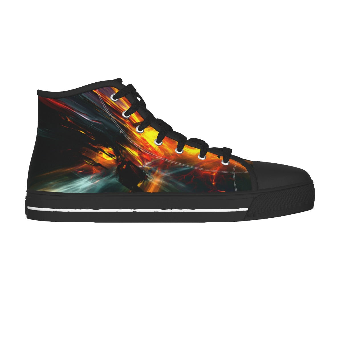 A single high-top sneaker shown in side profile on a plain white background. The shoe has a black base with a vivid abstract print in orange, yellow, red, and white across the upper, black laces, and a black sole with a thin white stripe.