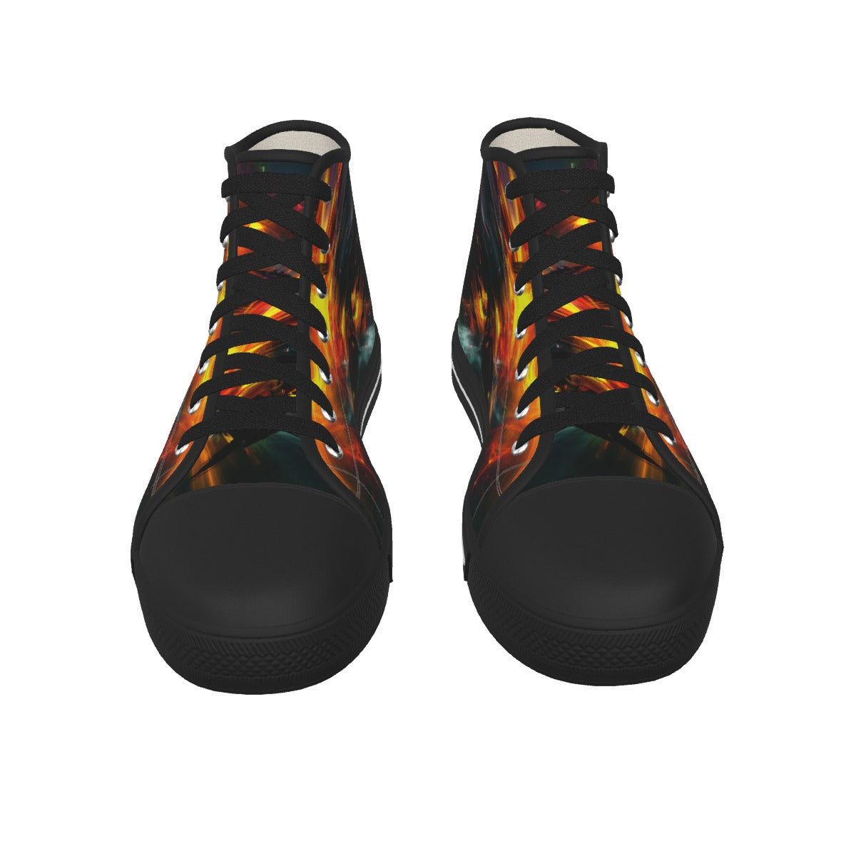 High-top sneakers with black and orange pattern on a white background