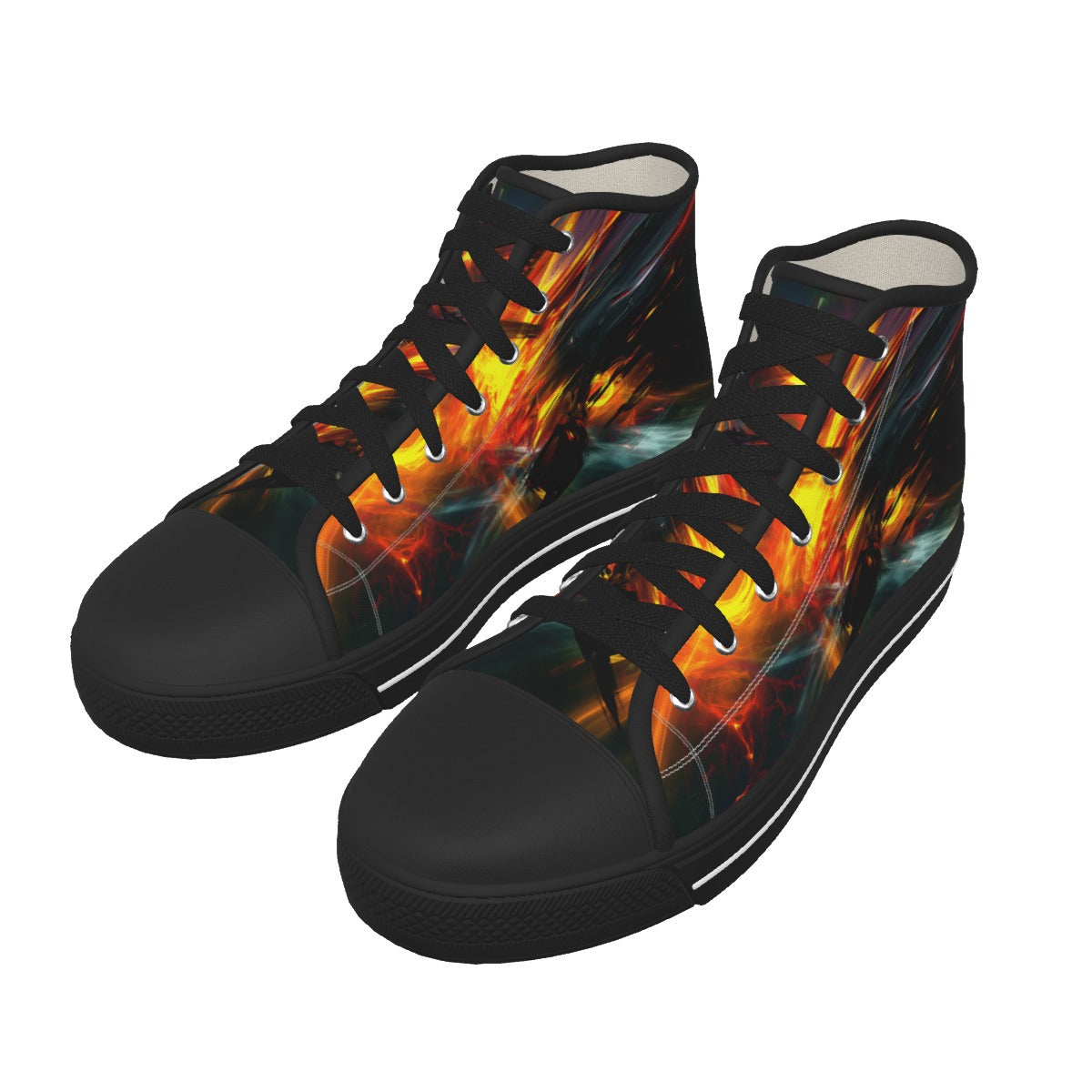 A pair of high-top canvas sneakers with black soles, laces, and collars, featuring a vibrant abstract flame or firework print in orange, yellow, red, and teal on the sides, shown against a plain white background.