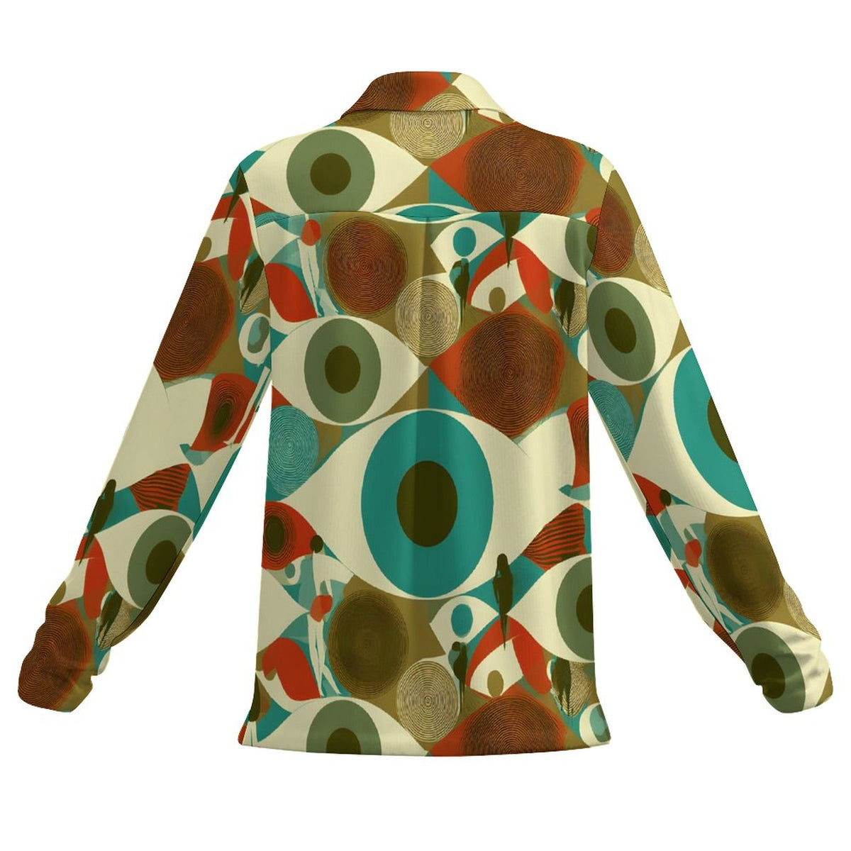 A long-sleeve button-up shirt shown from the back, featuring a bold mid-century modern abstract pattern with large circles, teardrop shapes, and organic forms in teal, brown, rust red, olive green, and cream on a white background.