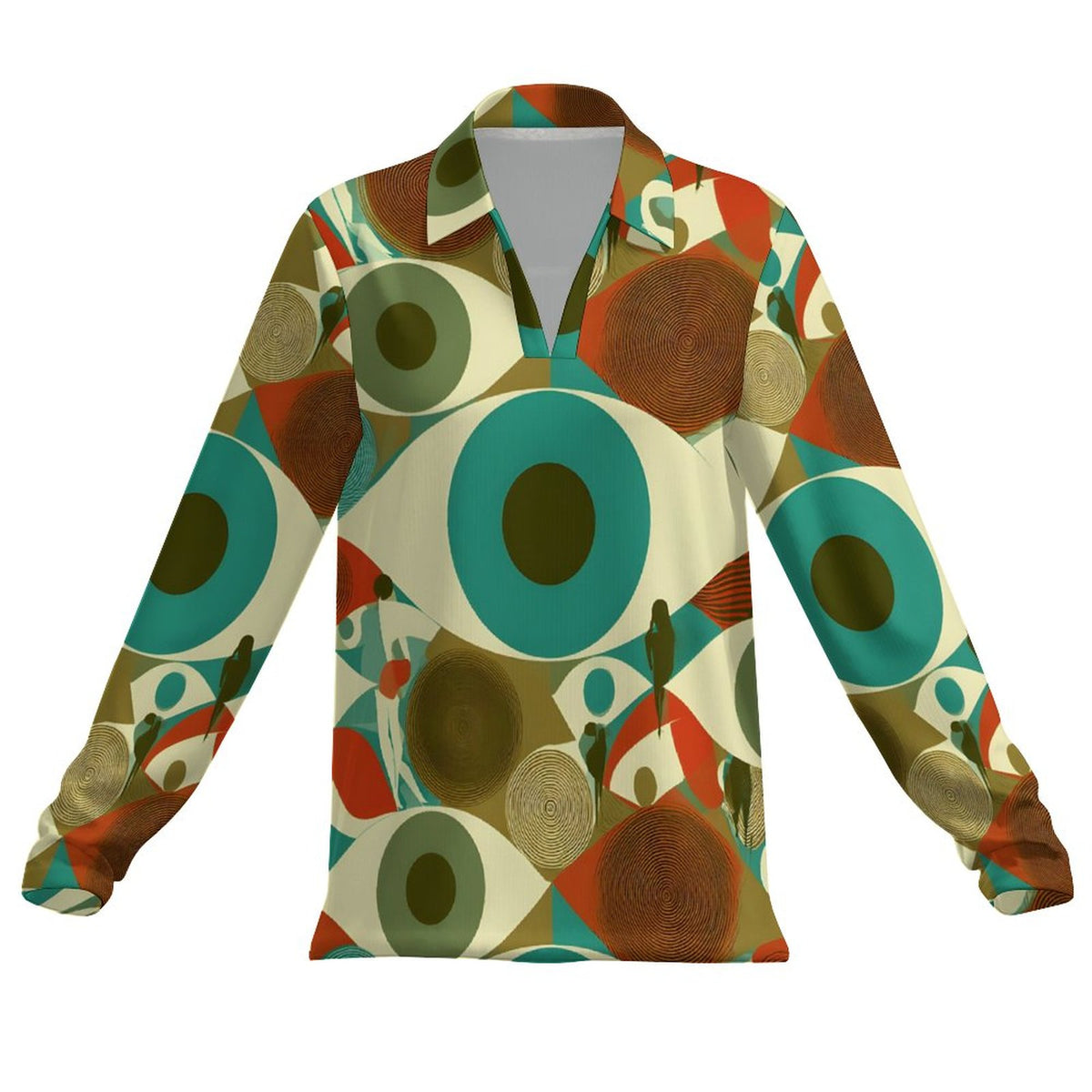A long-sleeve collared shirt with a bold mid-century modern abstract pattern featuring large eyes, circles, and organic shapes in teal, brown, rust red, olive green, and cream on a white background.