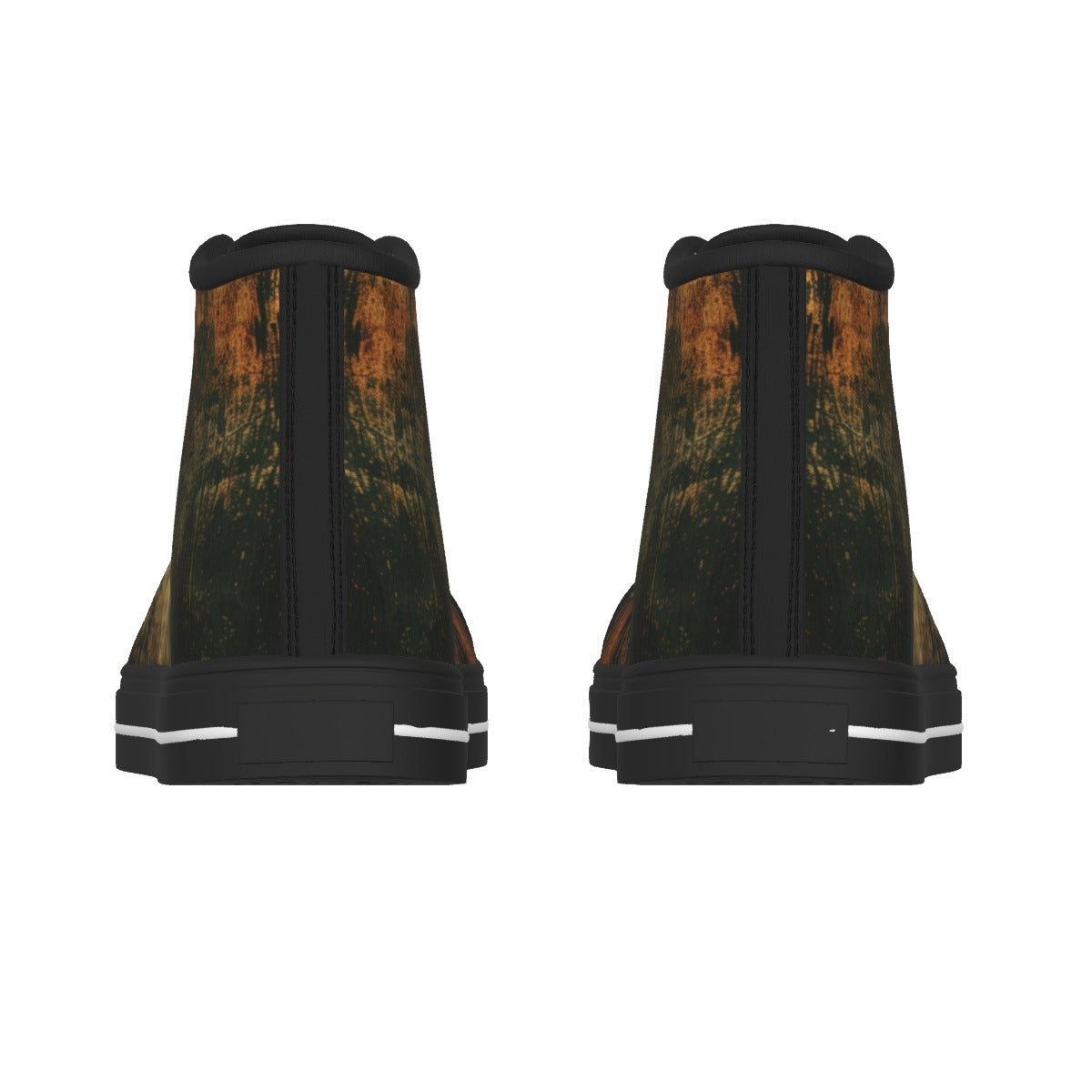 A pair of high-top sneakers shown from the back, featuring a distressed camouflage pattern in black, brown, and green with a solid black sole and white stripe accents.