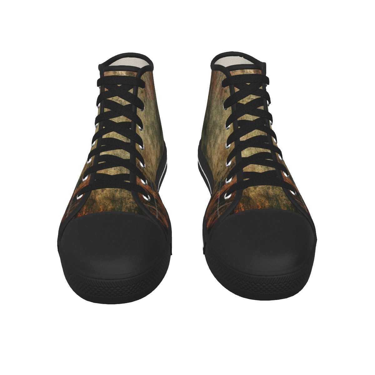Black high-top sneakers with white geometric pattern on a white background