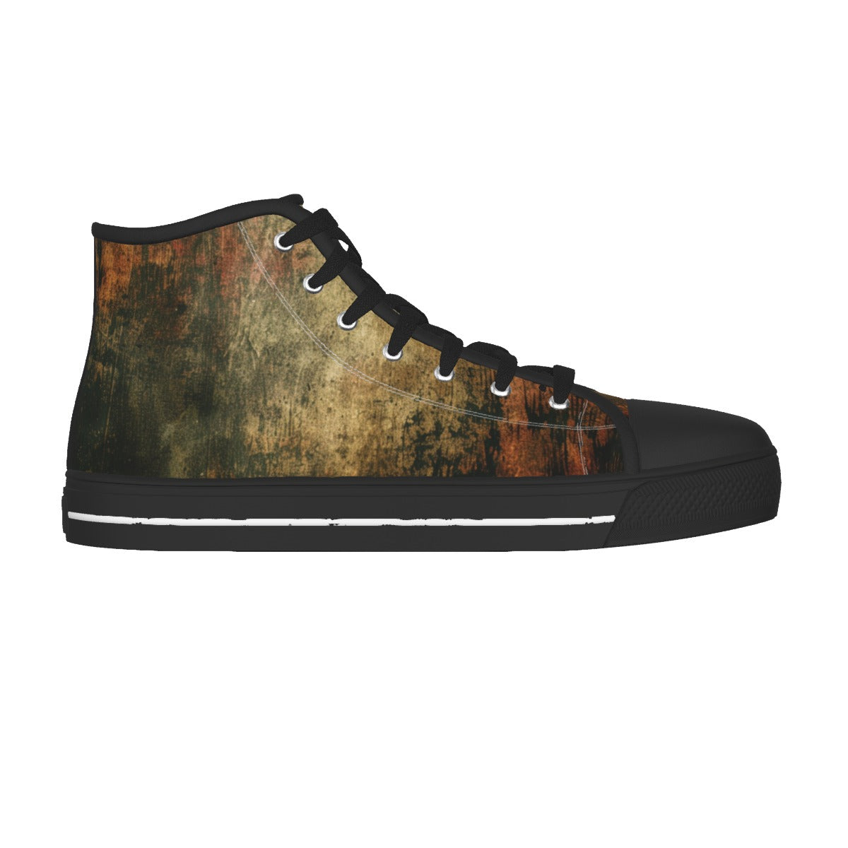 A single high-top sneaker shown in side profile on a plain white background. The upper features an abstract distressed print in earthy tones of brown, gold, and black, with black laces, a black toe cap, and a black sole with a thin white stripe.