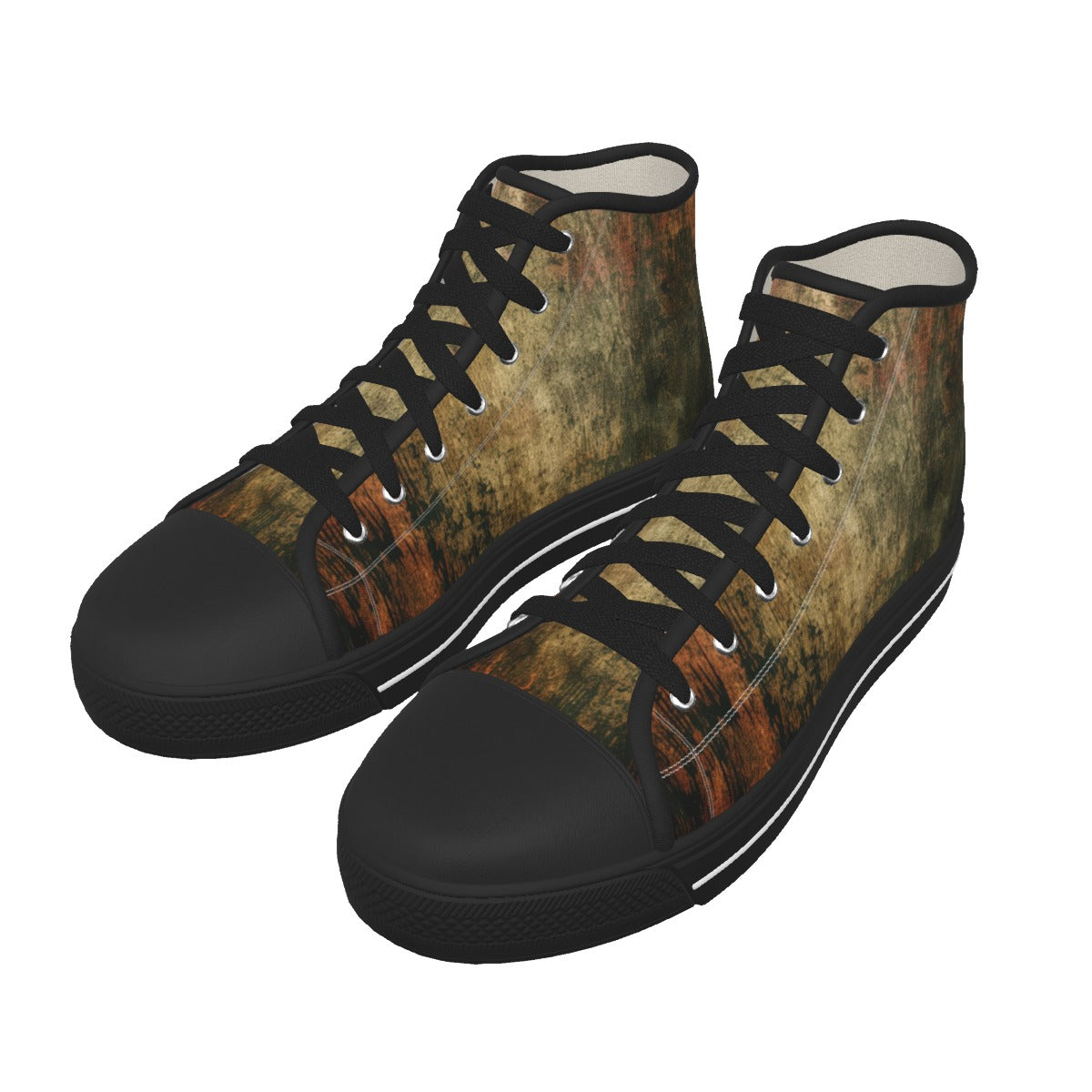A pair of high-top canvas sneakers with a distressed brown and beige camouflage pattern on the uppers, black laces, and solid black toe caps and soles, shown against a plain white background.