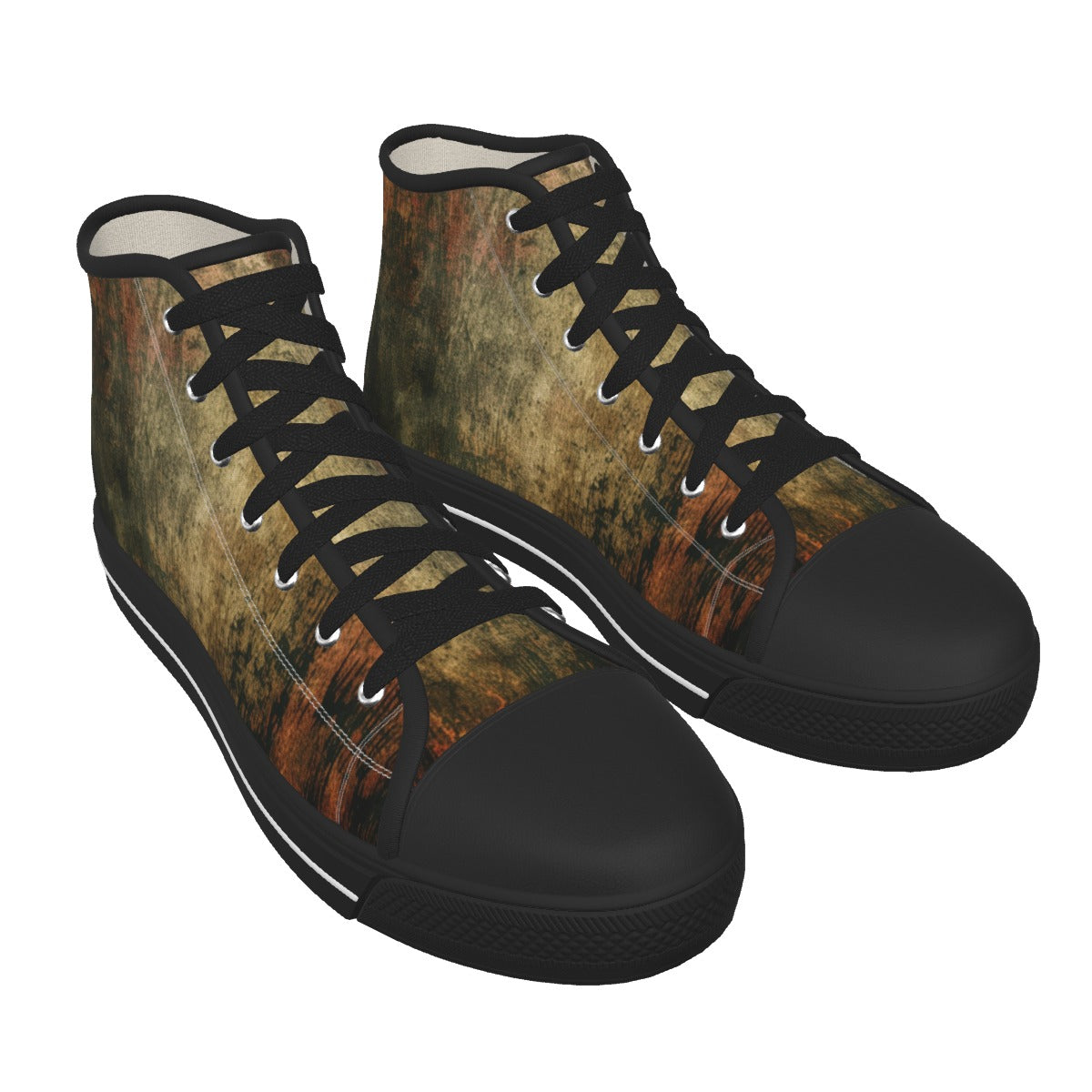 A pair of high-top canvas sneakers with a distressed brown and beige camouflage-style print on the sides, black laces, and black rubber toe caps and soles, shown on a plain white background.