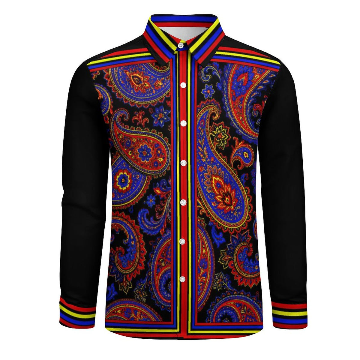 A long-sleeve button-up shirt with black sleeves and a vibrant paisley patterned front panel and collar. The pattern features red, blue, yellow, and orange details on a black background, with matching striped accents on the collar, placket, and cuffs.