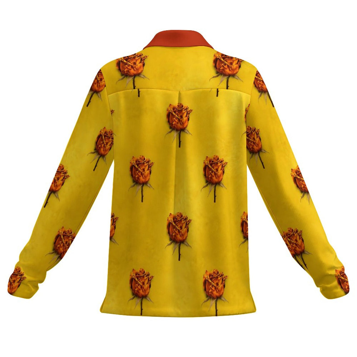 A long-sleeve collared shirt shown from the back, featuring a bright yellow base with an all-over print of orange-brown roses with black stems.