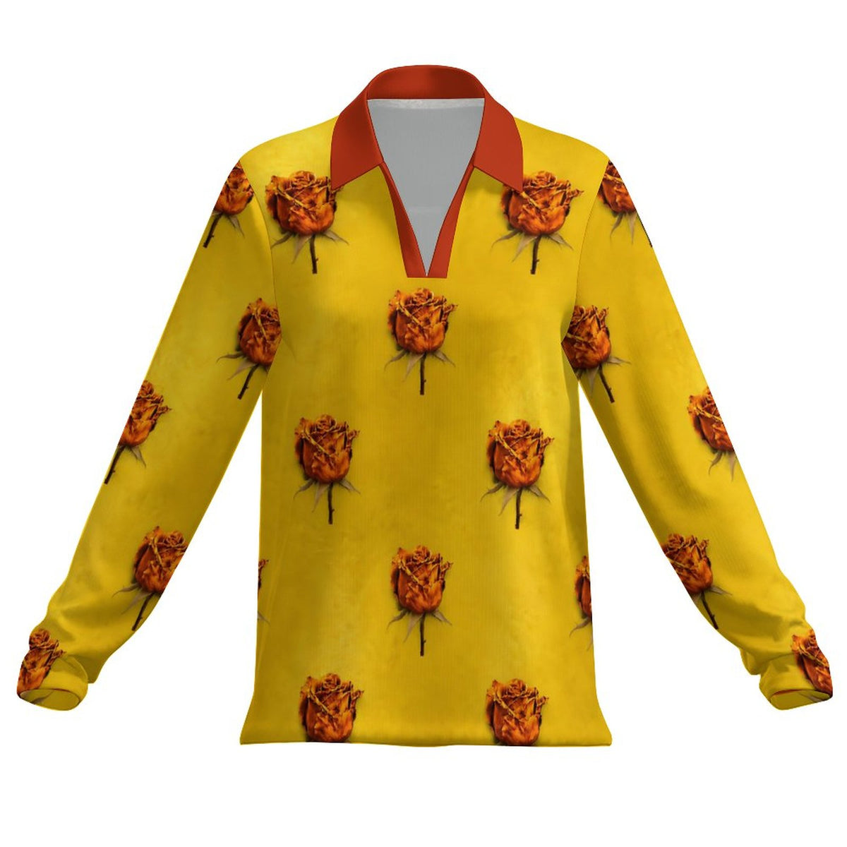 A long-sleeve collared shirt with a bright yellow base and an all-over print of orange-brown roses. The shirt features a contrasting red collar and inner placket, shown against a plain white background.