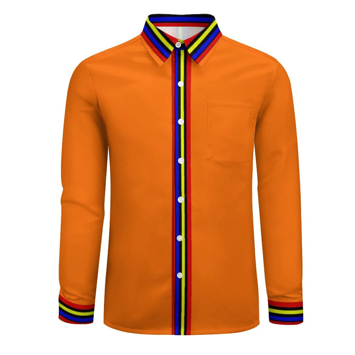 An orange long-sleeve button-up shirt with a vibrant multicolor striped collar, placket, and cuffs, shown on a plain white background.