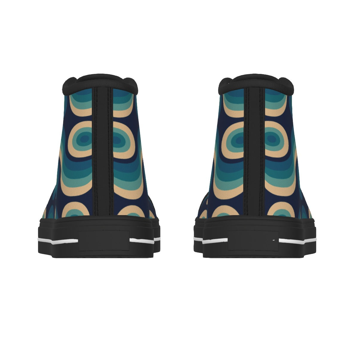 A pair of high-top canvas sneakers shown from the back, featuring a retro concentric oval pattern in teal, beige, and navy blue on a black base.
