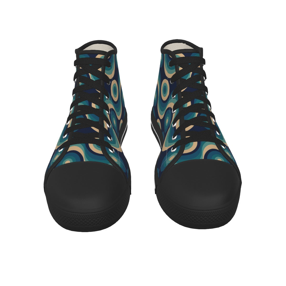 A pair of high-top sneakers with black rubber toe caps and soles, featuring a blue, teal, and beige wavy psychedelic pattern on the canvas uppers, shown against a plain white background.