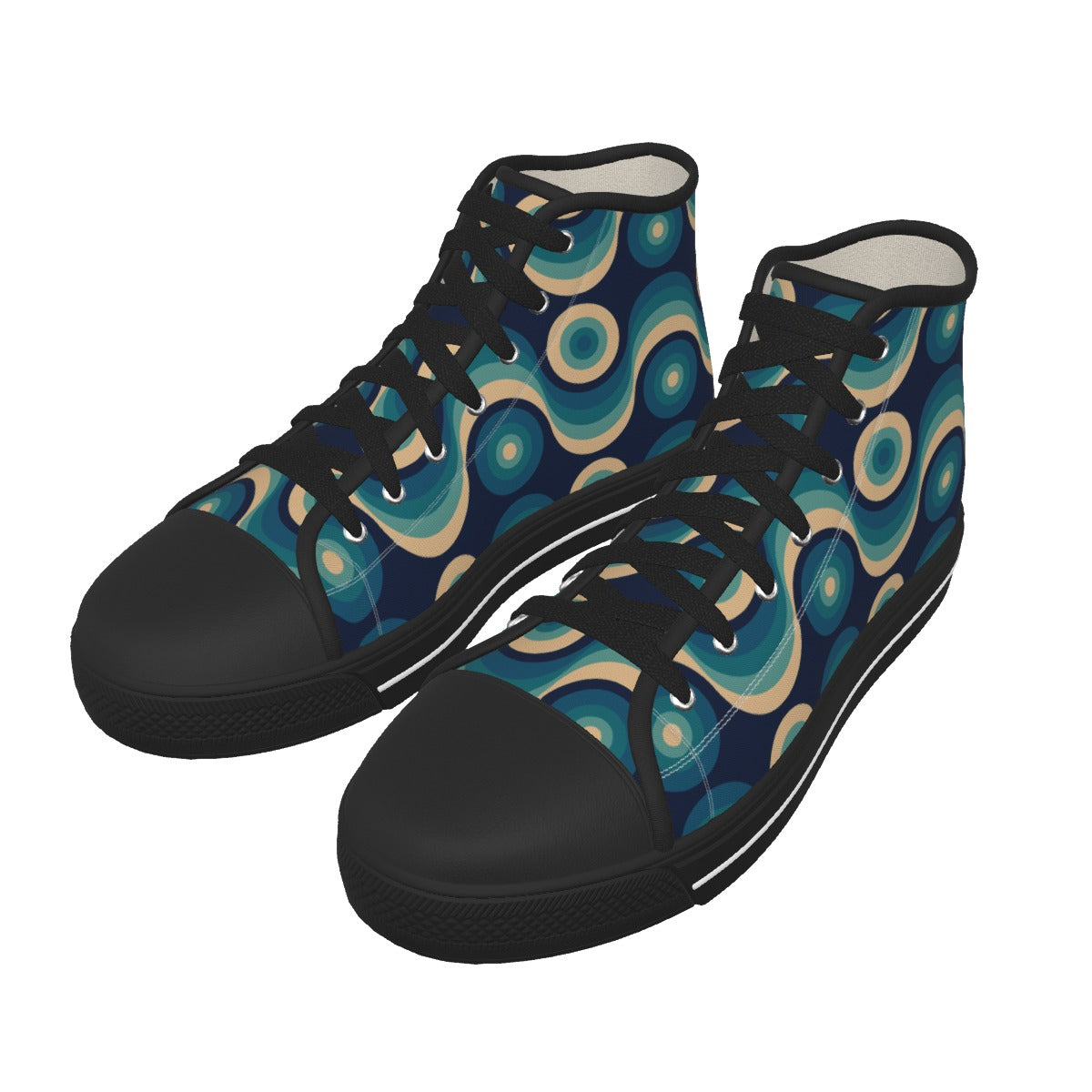 A pair of high-top canvas sneakers with a retro 1970s-style psychedelic swirl pattern in teal, blue, cream, and navy, featuring solid black toes, laces, and soles.