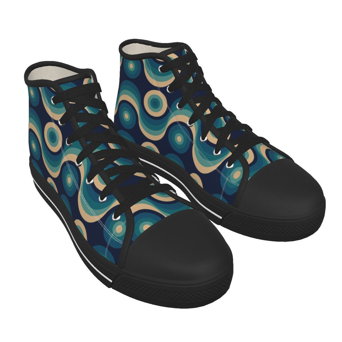 A pair of high-top canvas sneakers with a retro wavy pattern in shades of blue, teal, and beige, featuring solid black soles, laces, and toe caps, shown against a plain white background.