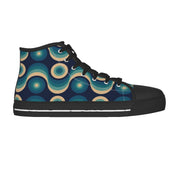 A single high-top sneaker shown in side profile on a plain white background. The shoe has a dark navy base with a retro wavy pattern in teal, blue, and beige, black laces, and a black rubber toe cap and sole.