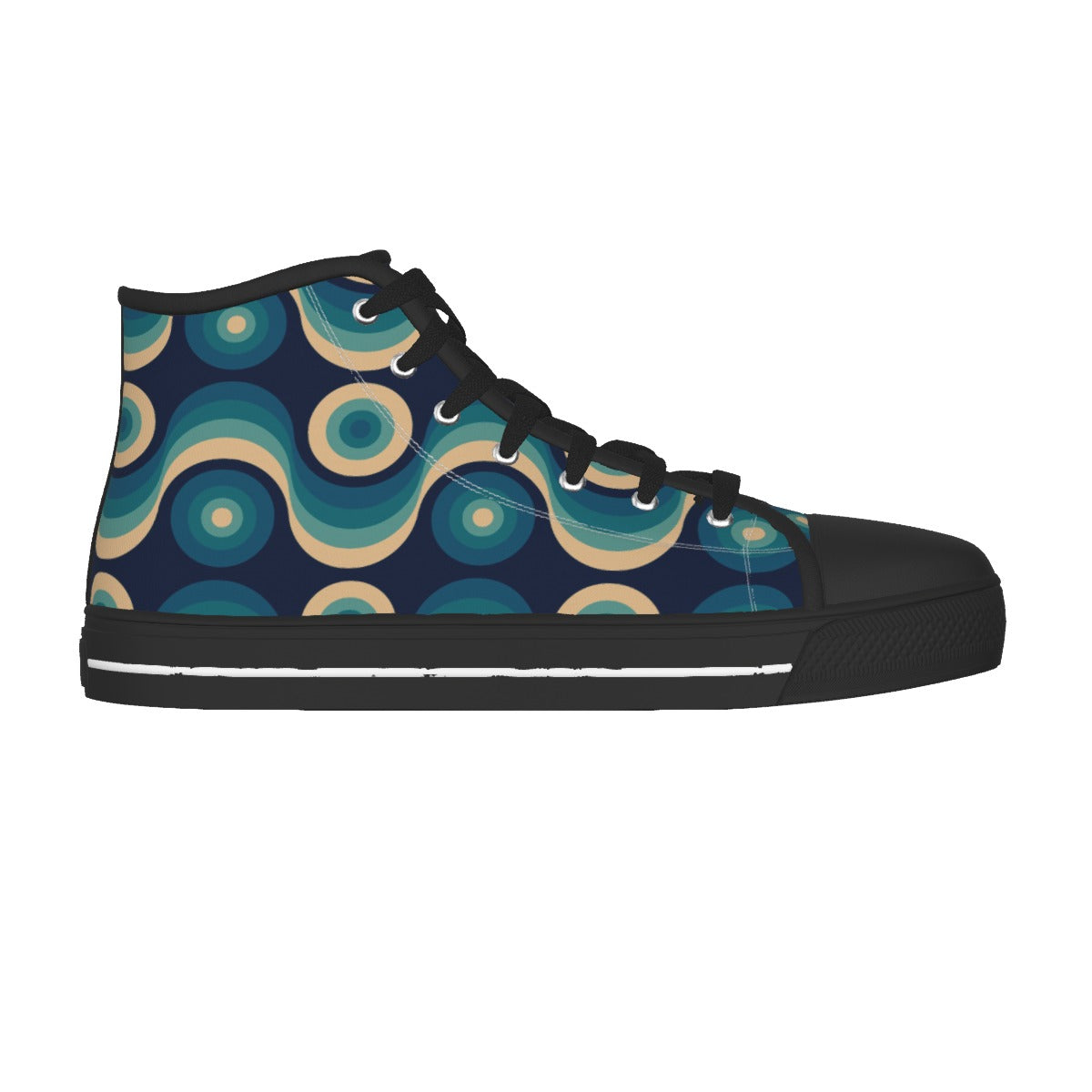 A single high-top sneaker shown in side profile on a plain white background. The shoe has a dark navy base with a retro wavy pattern in teal, blue, and beige, black laces, and a black rubber toe cap and sole.