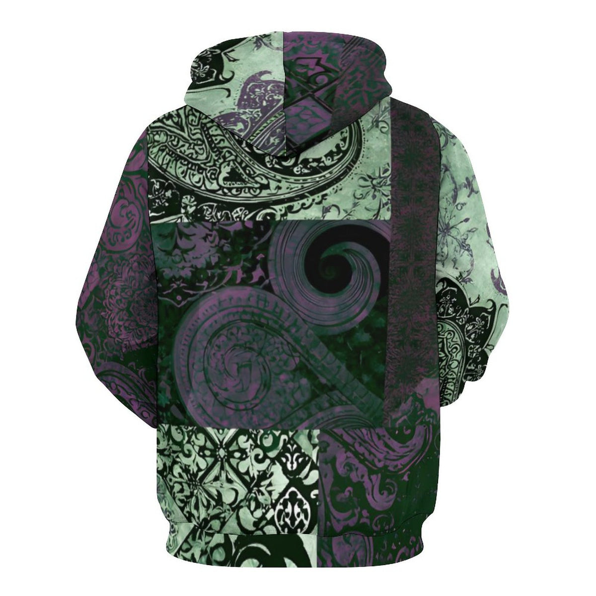 A pullover hoodie shown from the back, featuring an all-over patchwork print of intricate paisley and damask patterns in dark green, purple, and pale mint green on a white background.