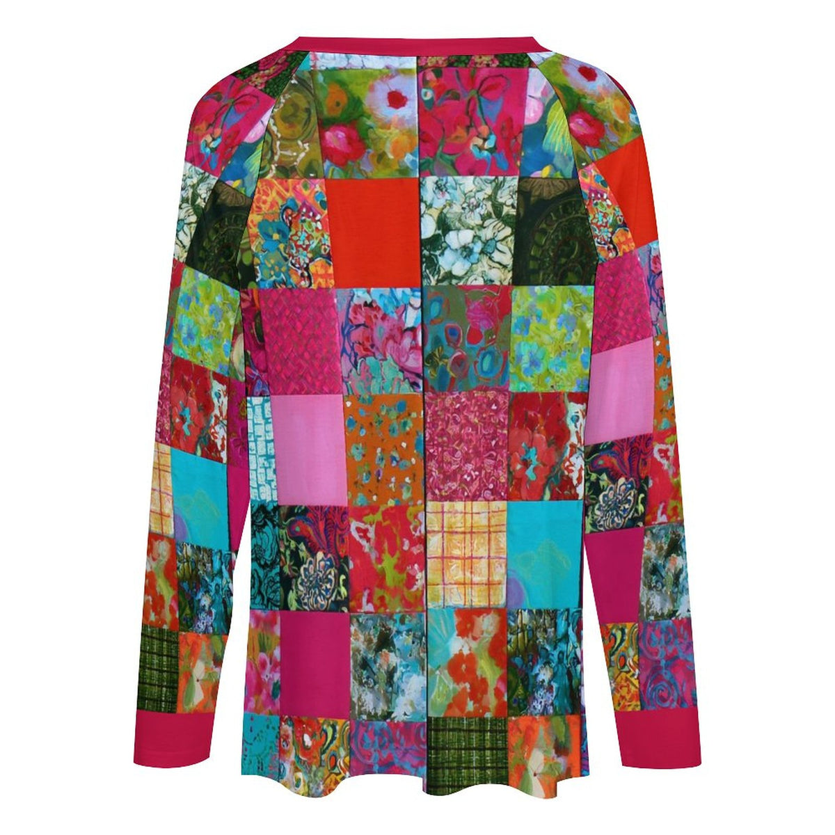 A long-sleeve patchwork top featuring a vibrant multicolor grid pattern of floral, geometric, and abstract square prints, shown against a plain white background.