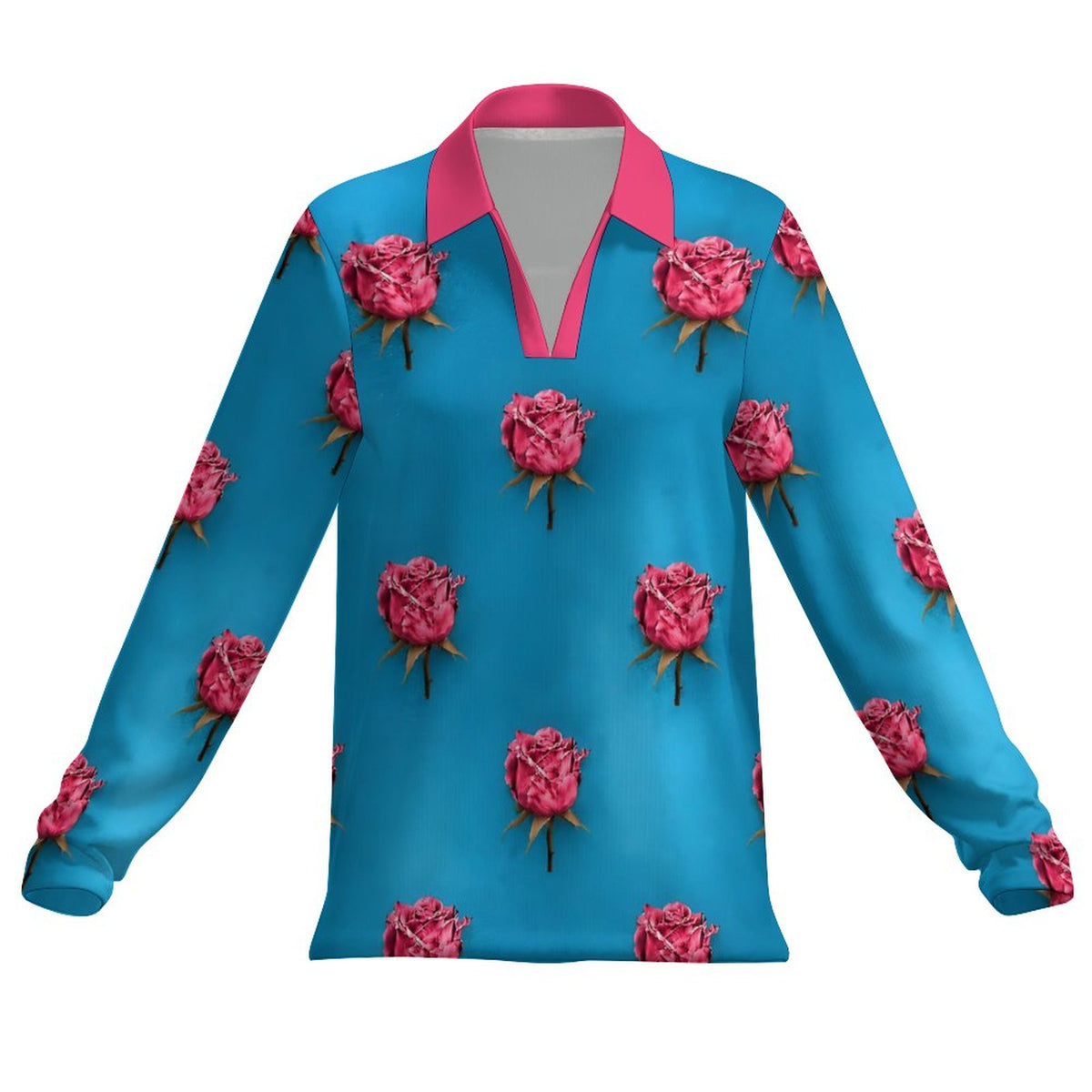 A long-sleeve collared shirt with a bright turquoise blue base and an all-over print of pink roses, featuring a contrasting pink collar and placket.
