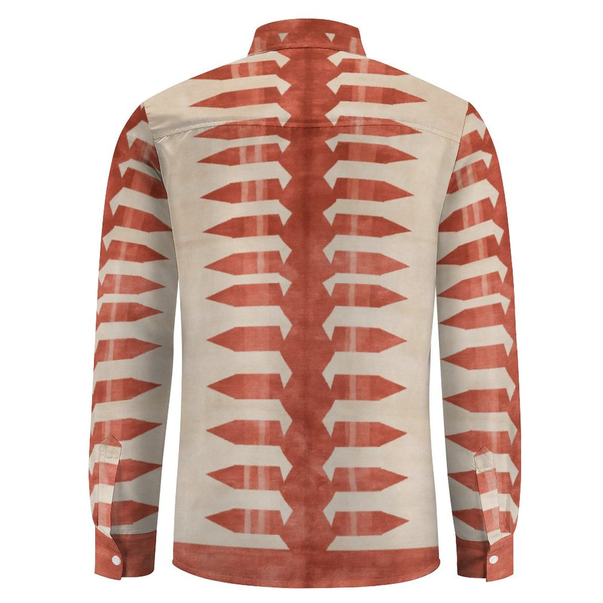 A long-sleeve button-up shirt shown from the back, featuring a bold geometric pattern of terracotta red arrowheads pointing inward on a warm cream background.