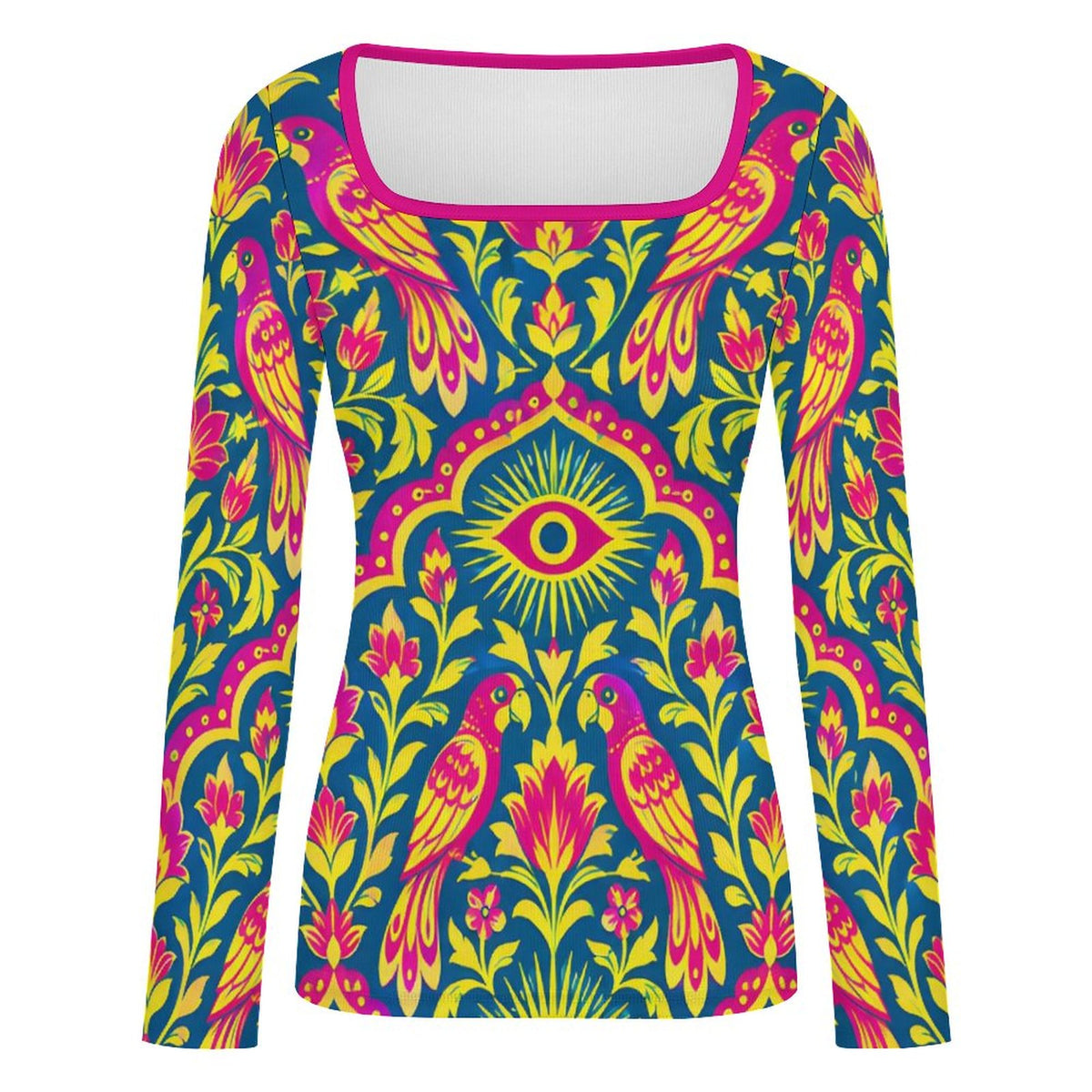 A long-sleeve scoop-neck top featuring a vibrant, symmetrical bohemian-style print with two birds, floral motifs, and a central eye design in bright pink, yellow, and blue.