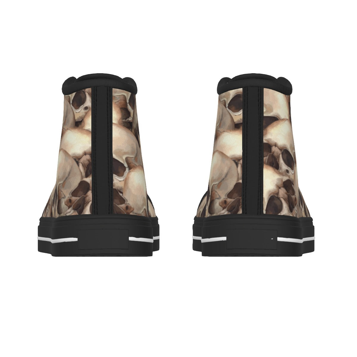 A pair of high-top ankle boots shown from the back, featuring a beige and brown skull pattern on the uppers with solid black soles and heel tabs.