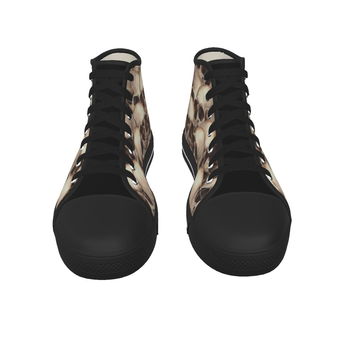 Black high-top sneakers with purple and orange patterns on a white background