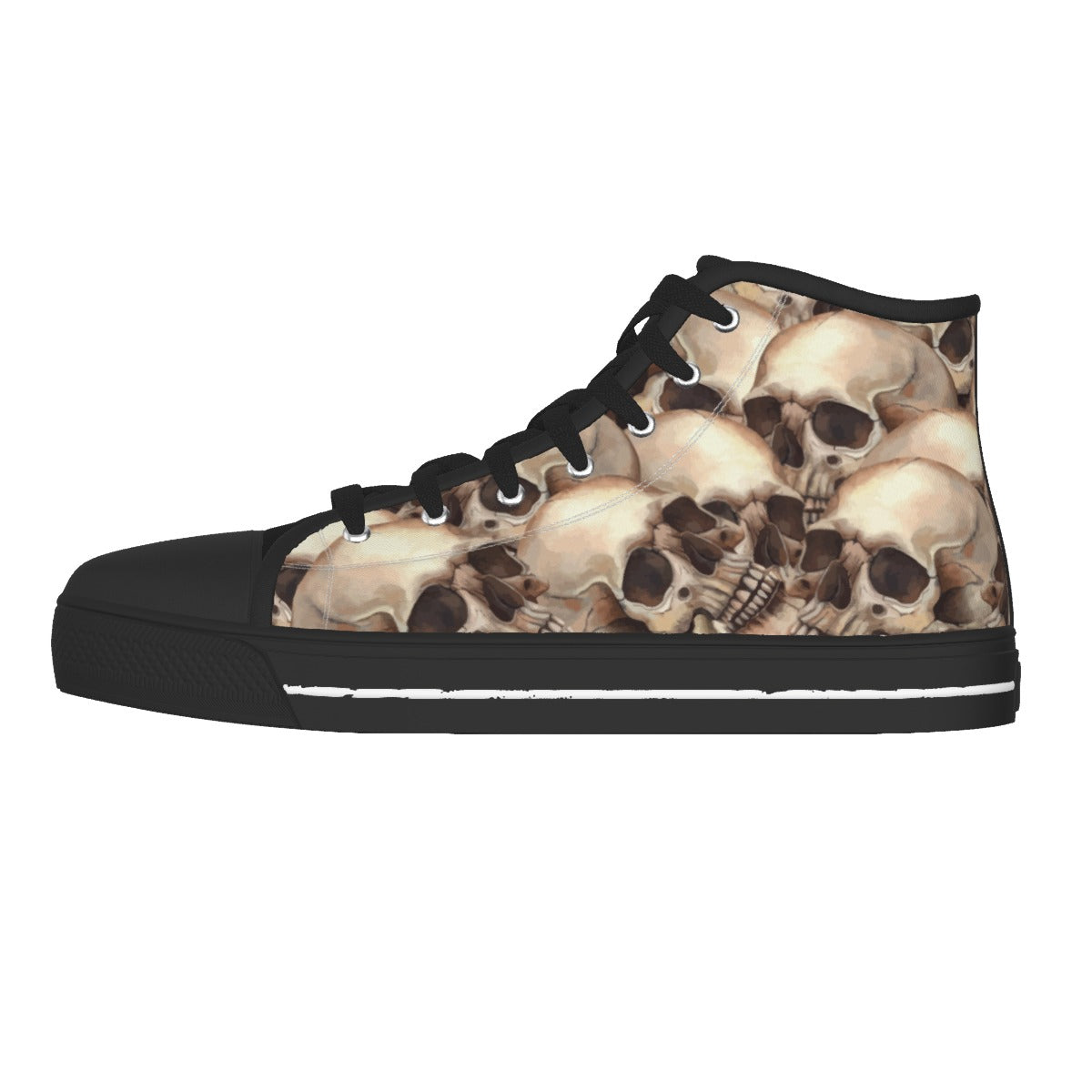 A high-top sneaker featuring a detailed skull print on the upper, with a solid black toe cap, laces, and sole.