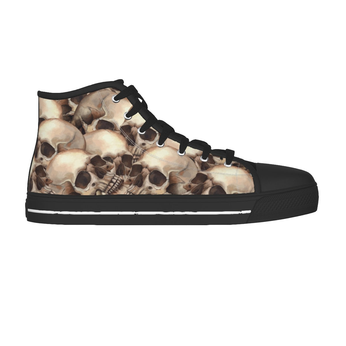 A high-top sneaker featuring a detailed skull and bone pattern across the upper, with black laces, a black toe cap, and a black sole.