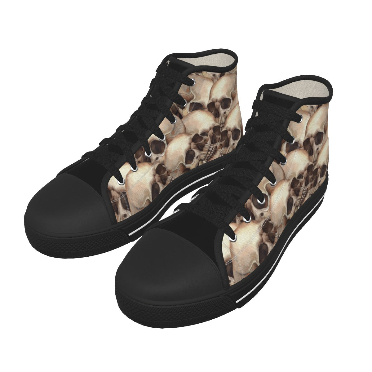 A pair of high-top canvas sneakers with black soles, black laces, and beige-to-brown skull print panels on the sides, shown on a plain white background.