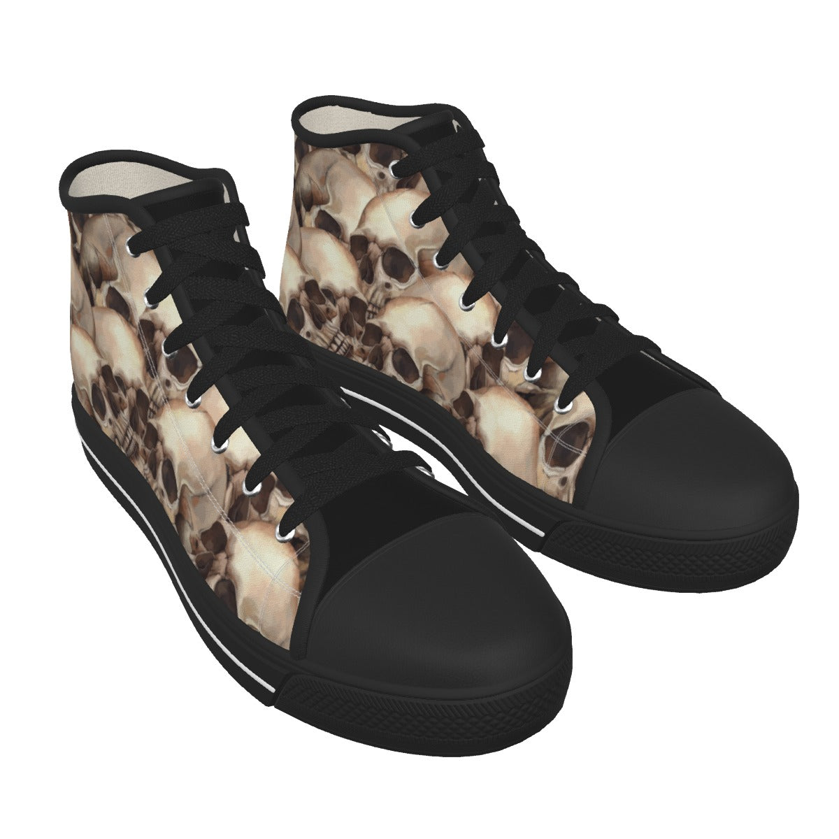 A pair of high-top sneakers with black rubber toe caps, black laces, and a beige and brown skull pattern on the sides, shown against a plain white background.