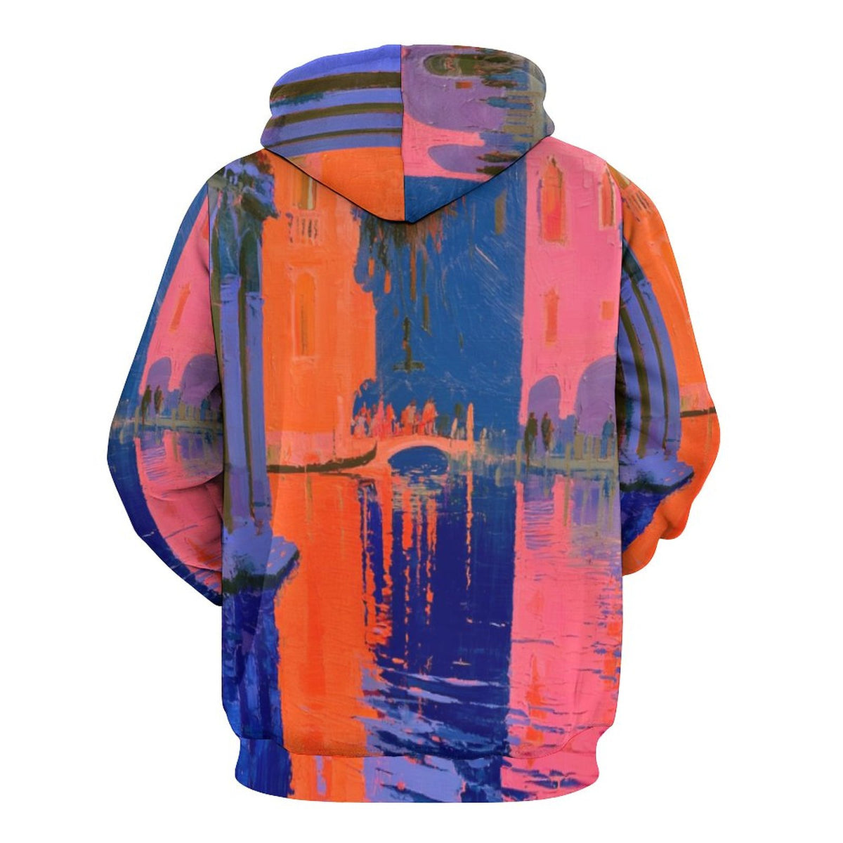 A pullover hoodie shown from the back, featuring a vibrant, abstract watercolor-style print of a canal city scene with prominent vertical blocks of orange, pink, blue, and purple.