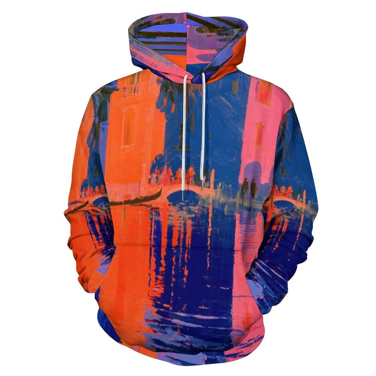 A pullover hoodie featuring a vibrant, abstract watercolor-style print of a canal city scene in orange, pink, and blue, with white drawstrings, shown on a plain white background.