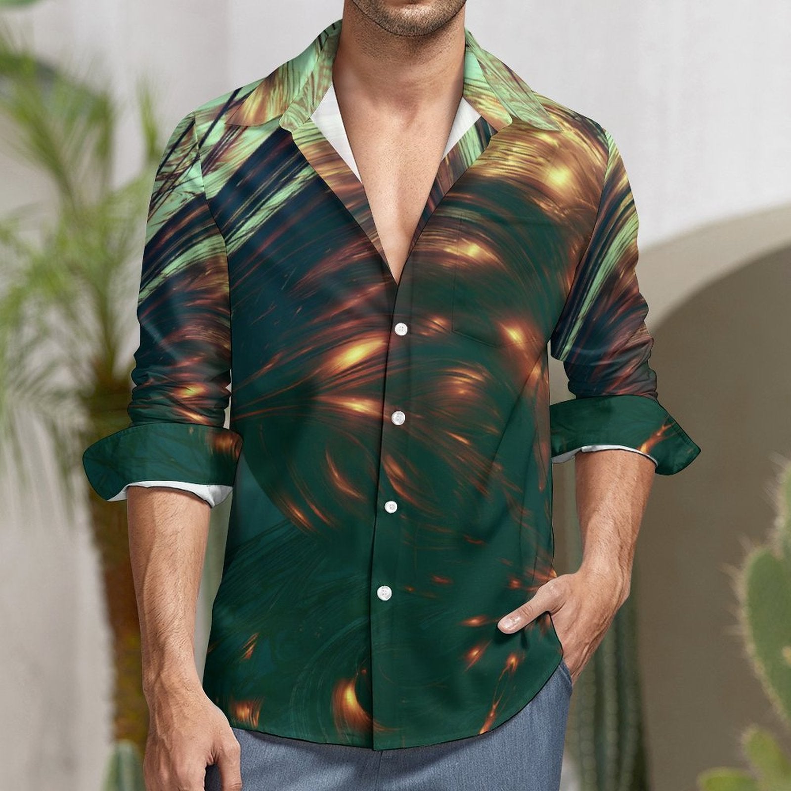 Men's Long Sleeve Shirt with Pocket(All-Over Printing)Disco Green