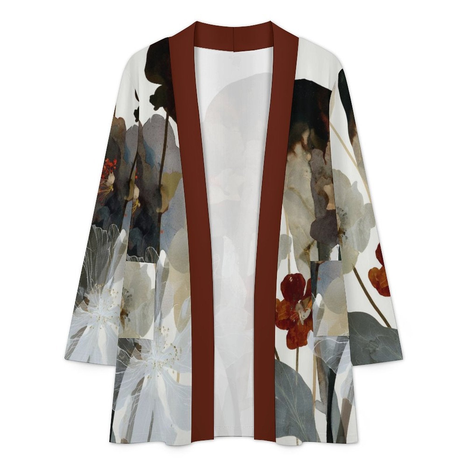180gsm Women's Long Sleeve Cardigan With Pockets(All-Over Printing) dark red and white floral