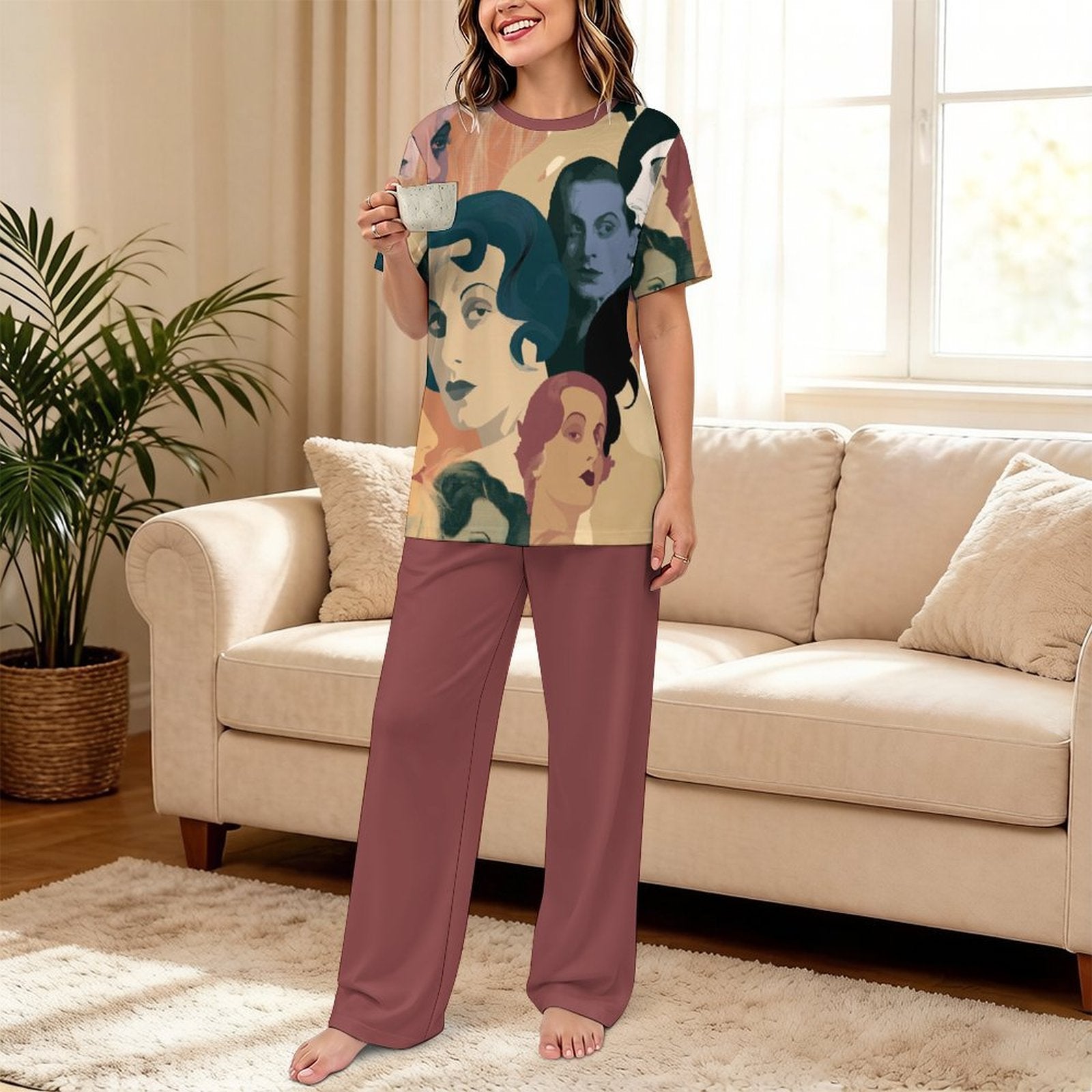 180gsm Short Sleeved Pajama Set(All-Over Printing) art deco movie stars